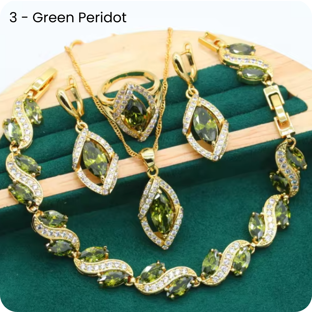 Dazzling Gold Female Jewelry - Sets 18K Gold Plated Peridot Ruby Pendant Earring Bracelet & Ring Set