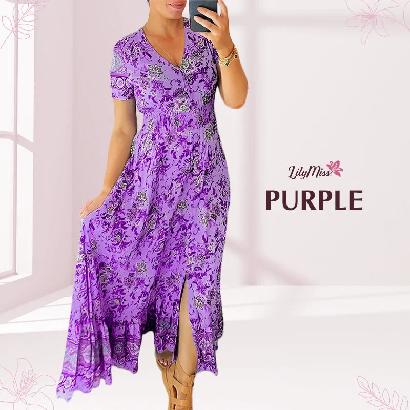 LilyMiss - Floral Casual Print V-Neck Shirred Waist Long Dress