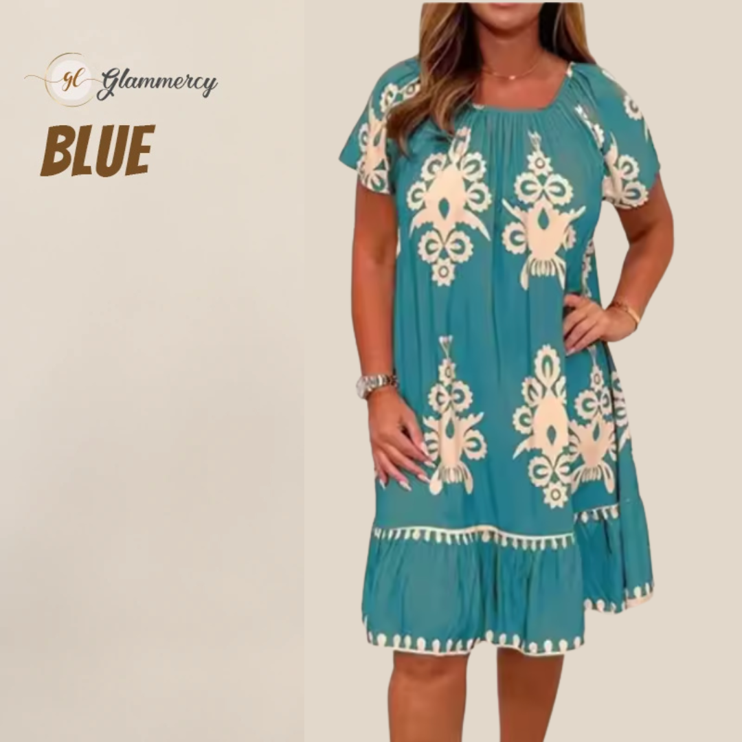 Geometric Pattern Multi Print Round Neck Dress